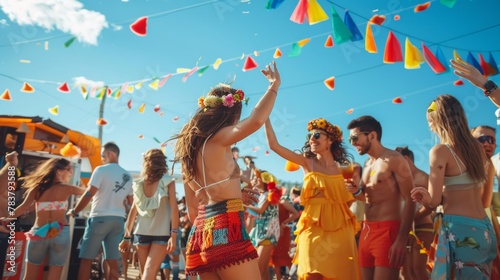 A vibrant festival scene: people dancing, wearing colorful outfits and flower crowns, enjoying food and music under a sunny sky