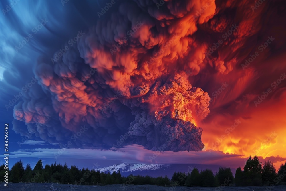 A volcanic eruption spewing lava and ash, a fiery display against a darkening sky
