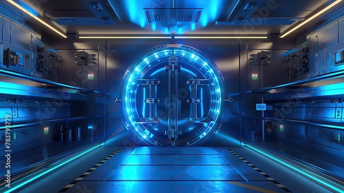 Blockchain security vault, cool blue lights, steel doors, wide interior shot