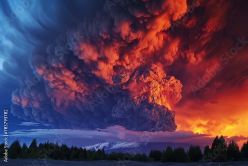A volcanic eruption spewing lava and ash, a fiery display against a darkening sky photo