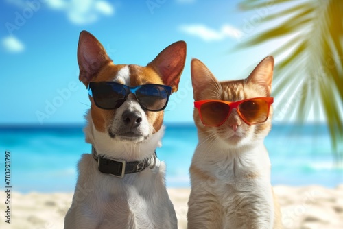 Stylish happy dog and cat wearing sunglasses having vacation relaxing on beach, concept of traveling with pets at summer © Maks 