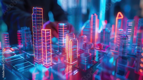 Close up  realistic  portrait of an architect projecting Future Cities  their models glowing with neon lights to demonstrate energy efficient urban planning
