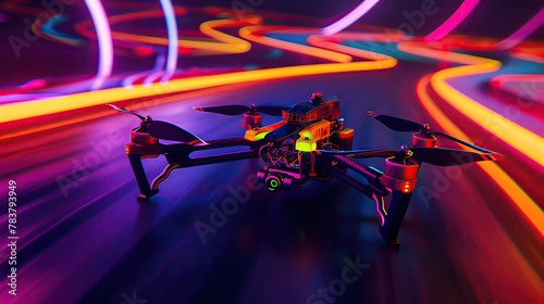 Drone racing through neonlit course, dusk, actionpacked, firstperson view