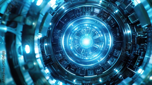 Quantum computing core, pulsing lights, deep blue, tech lab, high detail