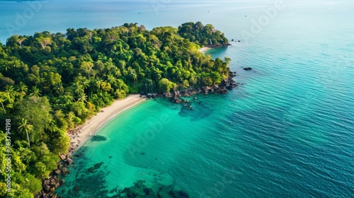 A winding coastline from above, showcasing the contrast between lush green jungle, pristine beaches © ktianngoen0128