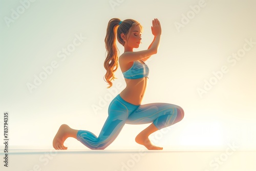 A girl does yoga on a white background, doing various exercises in a 3d cartoon style photo