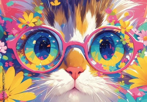 colorful cat with glasses, full body portrait, colorful background, digital art in the style of cute cartoon