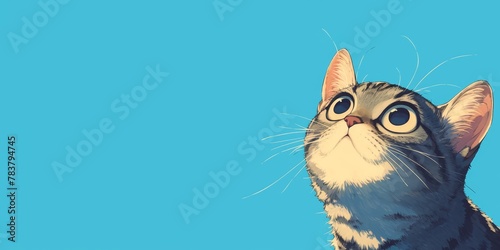 curious cat looking up against a blue background  with copy space