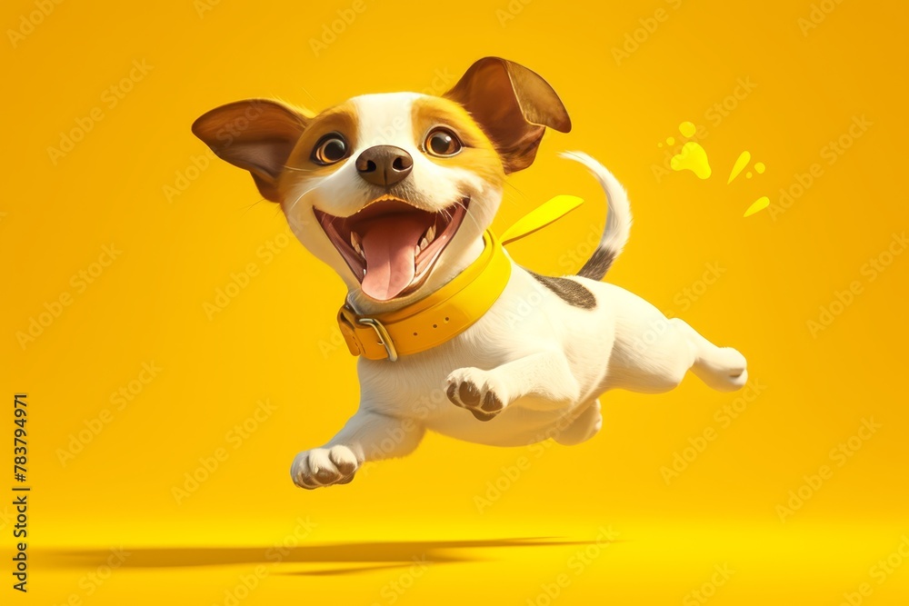 Cute happy dog jumping in the air on a yellow background,