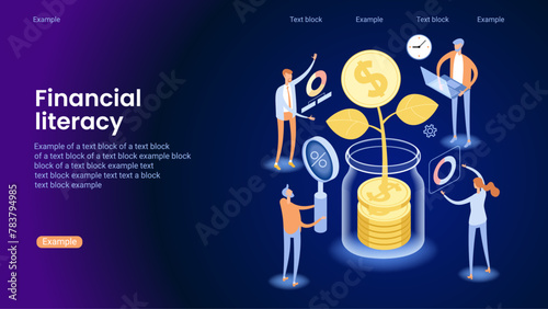Financial education illustration. Financial literacy lessons online. Personal expenses, business payments, insurance, retirement savings. Investing money in education.