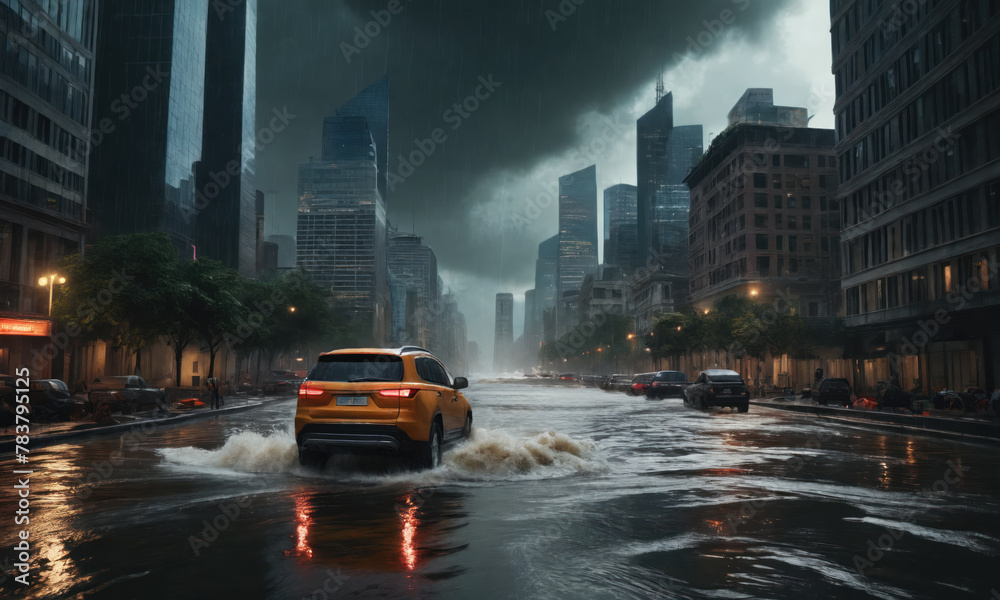 Obraz premium Flood disaster - dramatic environment landscaped image. Nature power concept. Climate change. Weather illustration. Dramatic cloudscape. Cinematics light.