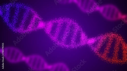 Abstract Glittering DNA Double Helix on Dark Background with Depth of Field Animation. Conceptual Illustration of DNA Construction, Medical Chromosomes. Genetics
