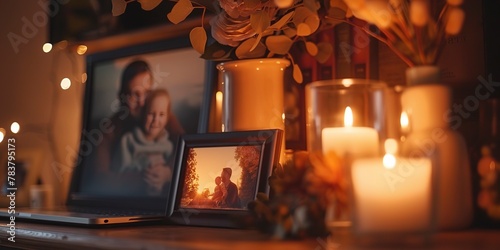 Close-up of a laptop next to a family photo in a frame, warm tones, cozy vibes