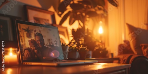 Close-up of a laptop next to a family photo in a frame, warm tones, cozy vibes 