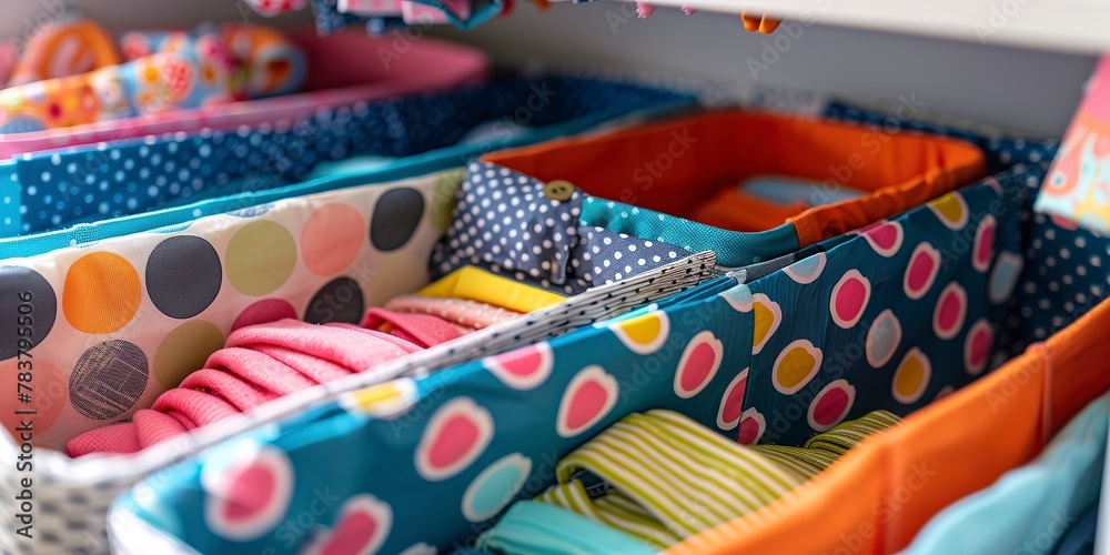 Closet organizer for kids' clothes, sorted by day, close-up, bright and cheerful 