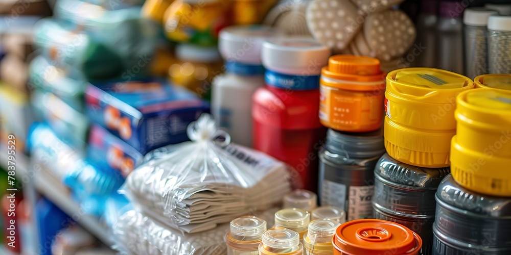 Family emergency kit, close-up on essentials, well-prepared, clear labels 