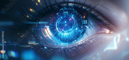 Digital art of closeup shot of woman's eye with glowing digital code on it, creating an immersive and futuristic visual experience. 