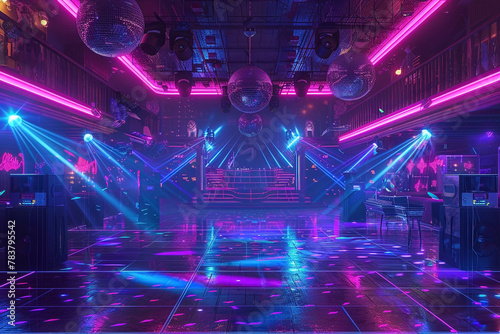 a vibrant 90s discotheque, where speakers thump with rhythmic sound and dazzling lasers around the dance floor. photo