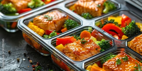 Meal prep containers with family dinners, close-up, colorful and healthy 