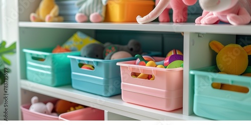Close-up of a labeled toy storage system, pastel bins, tidy and accessible 
