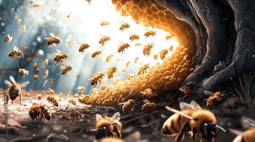 A scene where bees create golden honey, symbolizing profitable agriculture and commodity trading in a whimsical beehive photo