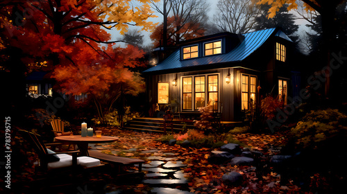 Autumn house in autumn evening