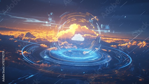 Digital technology background with cloud and data connection, digital twin concept for virtualized network service in clouds or cloud computing
