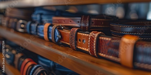 Close-up of a belt rack, leather and fabric belts aligned, crisp detail  photo