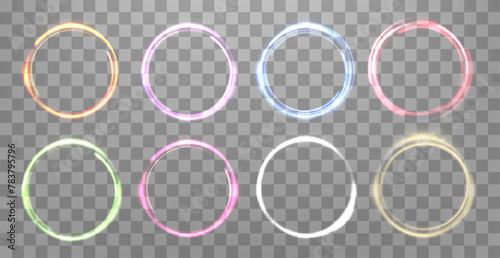 Glowing magic rings set. Neon realistic energy flare rings with sparkling particles. Abstract light effect on a dark transparent background. Vector illustration.
