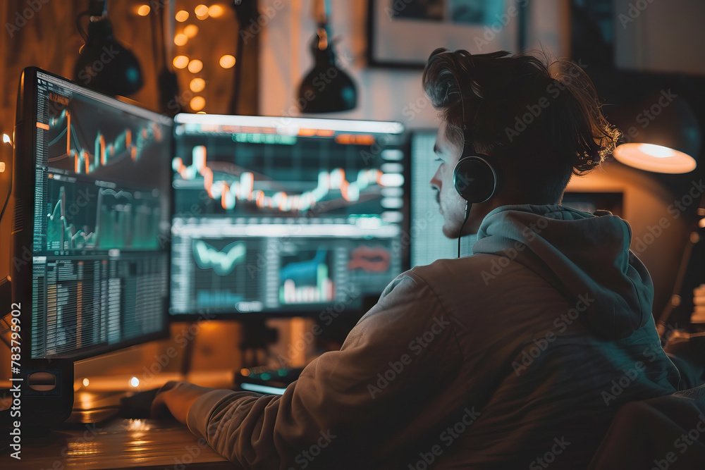 Concentrated Trader Monitoring Cryptocurrency Trends on Multiple Displays