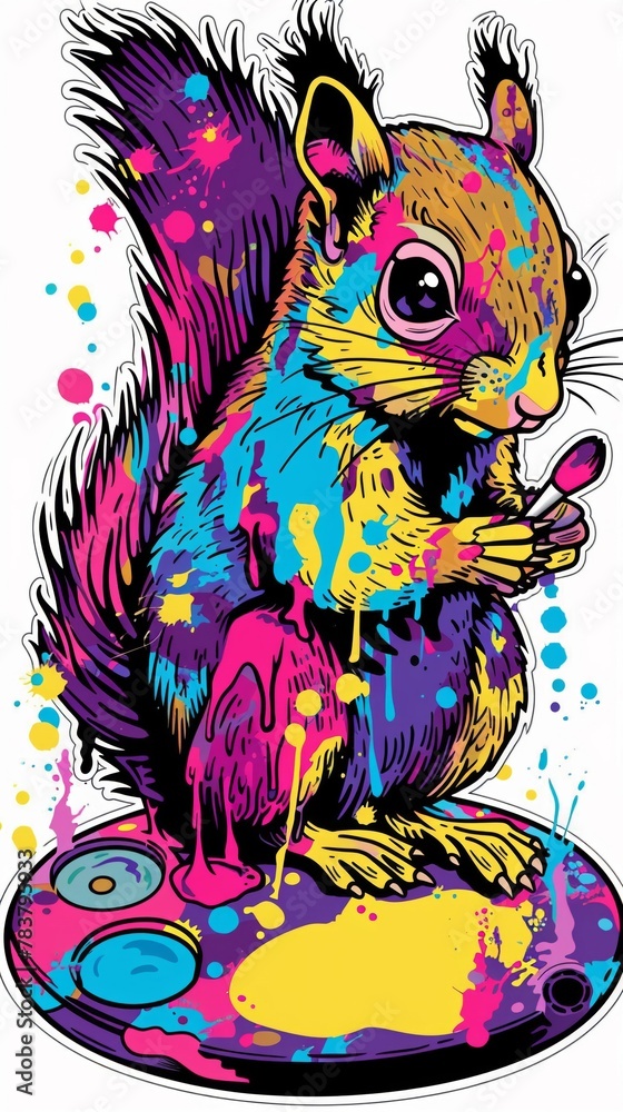 A squirrel mixing paint on a palette, its bushy tail flicking color splashes, illustrated in lively, spontaneous watercolors A squirrel mixing paint on a palette, its bushy tail flicking color splashes, illustrated in lively, spontaneous watercolors