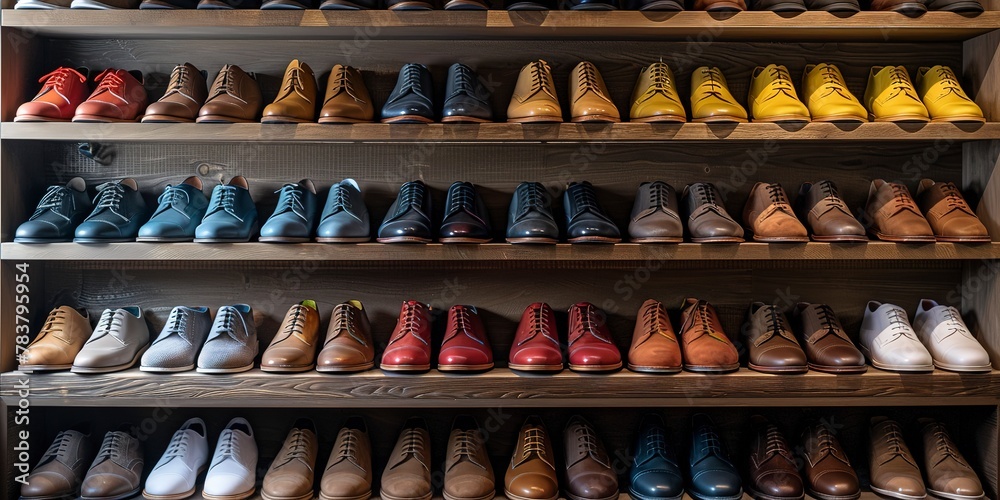 Shoe rack with shoes paired by color and style, clear focus, organized display Shoe rack with shoes paired by color and style, clear focus, organized display