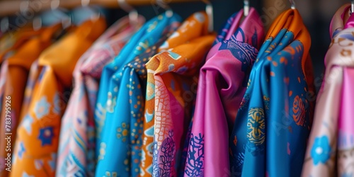 Close-up on scarf hanger with various patterns, vibrant display, tidy arrangement