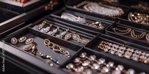 Jewelry organizer with compartments, close view, sparkling accessories neatly displayed photo