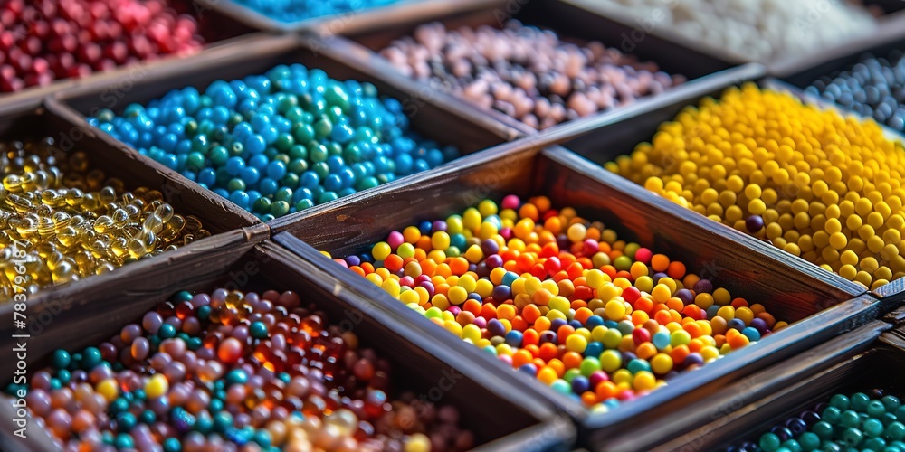 Beads in compartmentalized boxes, close-up, colorful and sorted 