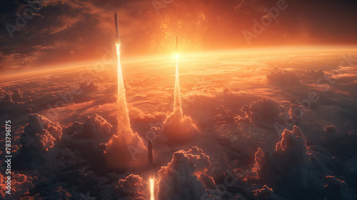 The fiery launches of intercontinental ballistic missiles piercing through the atmosphere from Earth's surface, against the backdrop of a glowing sunset or sunrise.  photo
