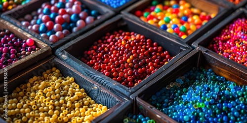 Beads in compartmentalized boxes, close-up, colorful and sorted photo