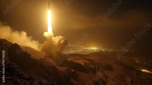 Missile launch from a mountainous area, with the city lights visible below.  photo