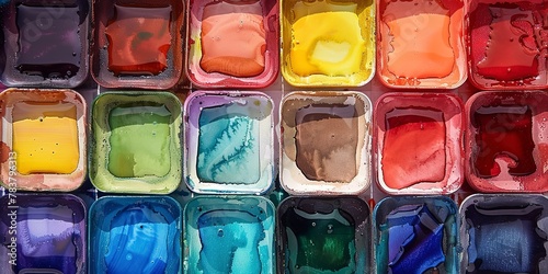 Close-up of watercolor pans, neatly arranged, rainbow order, natural light 