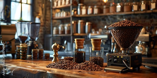 Coffee station with beans and accessories, barista setup, close-up, warm tones  photo