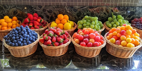 Fruit sorted in baskets, rainbow order, kitchen counter, vibrant, close-up 