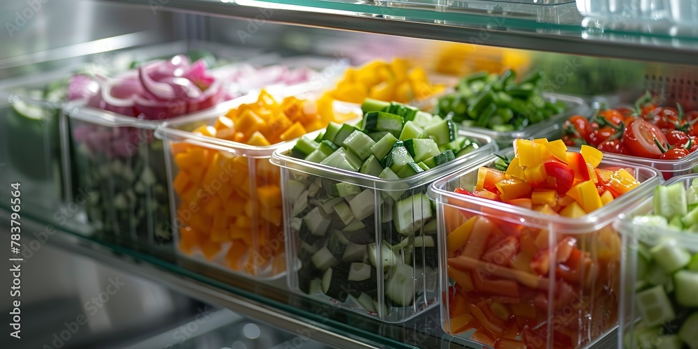 Pre-cut vegetables in clear containers, fridge shelf, bright light, close-up