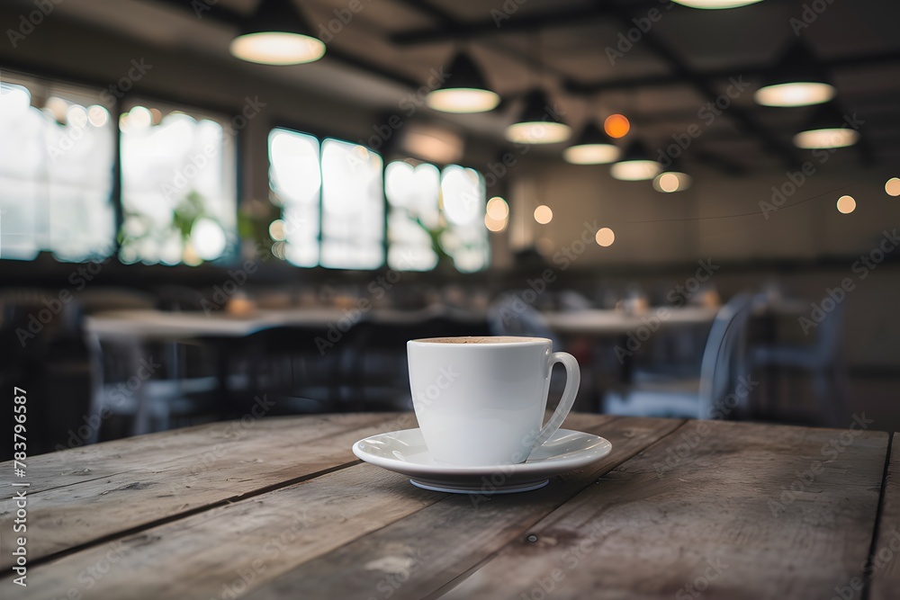 Blurred cafe or restaurant background, empty wooden table Blurred cafe or restaurant background, empty wooden table