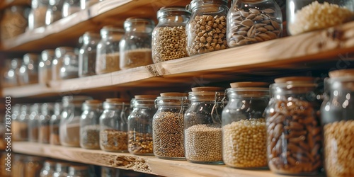 Bulk grains in glass jars on kitchen shelves, uniform, soft light, close-up 