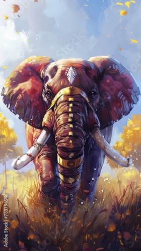 An elephant with wraps around its tusks, sparring gently, captured in large, sweeping watercolor strokes © ปรัชญา ตอพรม ตอพรม