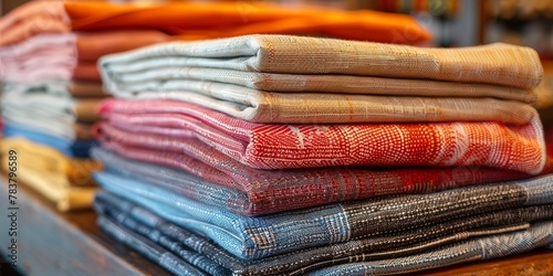 Cloth napkins and tablecloths, neatly stacked, reusable, close-up, warm tones