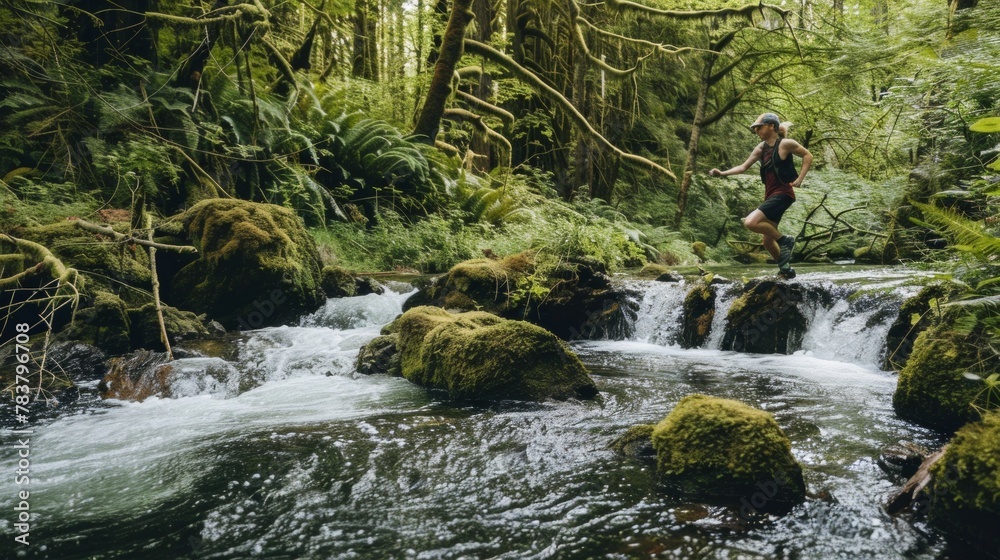Runner leaping across a crystal-clear stream cascading over mossy rocks deep in a forest Runner leaping across a crystal-clear stream cascading over mossy rocks deep in a forest