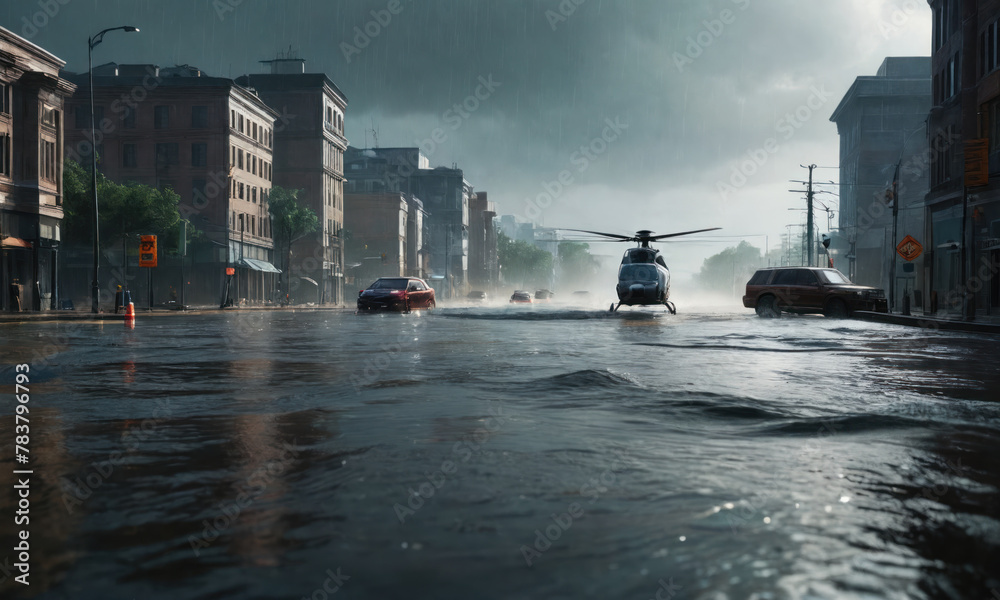 Naklejka premium Flood disaster - dramatic environment landscaped image. Nature power concept. Climate change. Weather illustration. Dramatic cloudscape. Cinematics light.