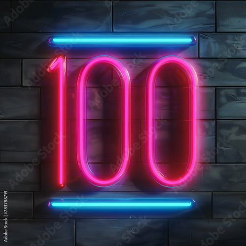 The number one hundred glows in the dark with a neon light