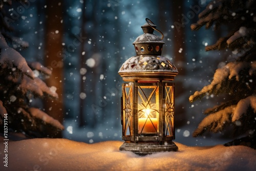 Winter lantern on snowy night with forest background
